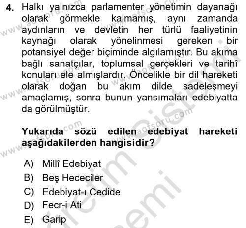 Cumhuriyet Dönemi Türk Şiiri Dersi 2021 - 2022 Yılı (Vize) Ara Sınavı 4. Soru