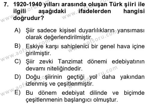 Cumhuriyet Dönemi Türk Şiiri Dersi 2021 - 2022 Yılı (Vize) Ara Sınavı 7. Soru