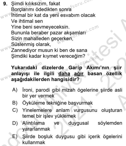 Cumhuriyet Dönemi Türk Şiiri Dersi 2021 - 2022 Yılı (Vize) Ara Sınavı 9. Soru