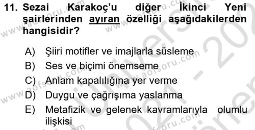 Cumhuriyet Dönemi Türk Şiiri Dersi 2021 - 2022 Yılı (Final) Dönem Sonu Sınavı 11. Soru