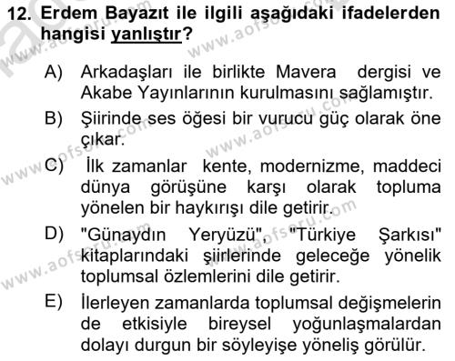 Cumhuriyet Dönemi Türk Şiiri Dersi 2021 - 2022 Yılı (Final) Dönem Sonu Sınavı 12. Soru