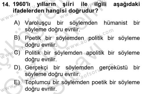 Cumhuriyet Dönemi Türk Şiiri Dersi 2021 - 2022 Yılı (Final) Dönem Sonu Sınavı 14. Soru