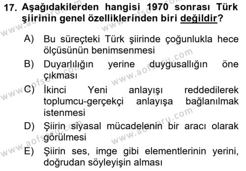 Cumhuriyet Dönemi Türk Şiiri Dersi 2021 - 2022 Yılı (Final) Dönem Sonu Sınavı 17. Soru