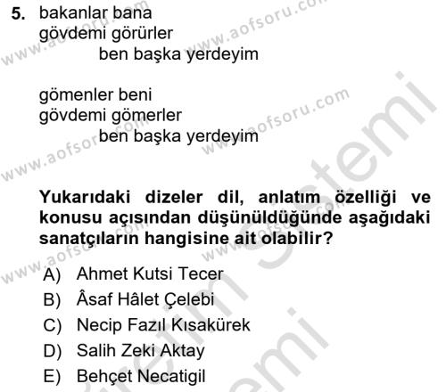 Cumhuriyet Dönemi Türk Şiiri Dersi 2021 - 2022 Yılı (Final) Dönem Sonu Sınavı 5. Soru