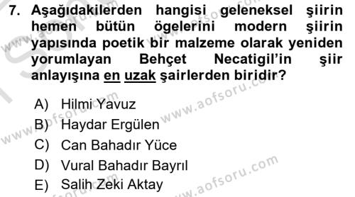 Cumhuriyet Dönemi Türk Şiiri Dersi 2021 - 2022 Yılı (Final) Dönem Sonu Sınavı 7. Soru