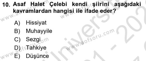 Cumhuriyet Dönemi Türk Şiiri Dersi 2021 - 2022 Yılı Yaz Okulu Sınavı 10. Soru