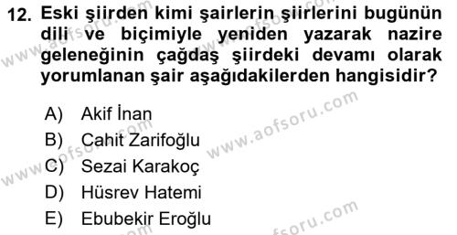 Cumhuriyet Dönemi Türk Şiiri Dersi 2021 - 2022 Yılı Yaz Okulu Sınavı 12. Soru