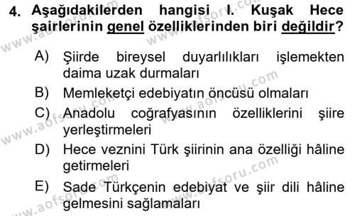 Cumhuriyet Dönemi Türk Şiiri Dersi 2021 - 2022 Yılı Yaz Okulu Sınavı 4. Soru