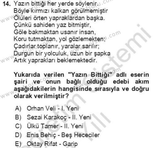 Cumhuriyet Dönemi Türk Şiiri Dersi 2022 - 2023 Yılı Yaz Okulu Sınavı 14. Soru