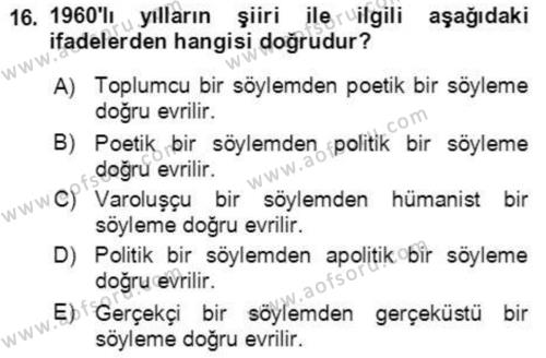 Cumhuriyet Dönemi Türk Şiiri Dersi 2022 - 2023 Yılı Yaz Okulu Sınavı 16. Soru