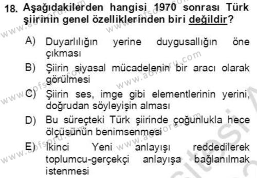 Cumhuriyet Dönemi Türk Şiiri Dersi 2022 - 2023 Yılı Yaz Okulu Sınavı 18. Soru