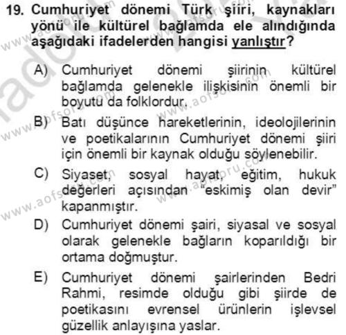 Cumhuriyet Dönemi Türk Şiiri Dersi 2022 - 2023 Yılı Yaz Okulu Sınavı 19. Soru