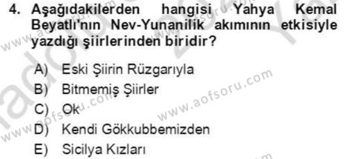 Cumhuriyet Dönemi Türk Şiiri Dersi 2022 - 2023 Yılı Yaz Okulu Sınavı 4. Soru