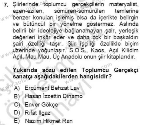 Cumhuriyet Dönemi Türk Şiiri Dersi 2022 - 2023 Yılı Yaz Okulu Sınavı 7. Soru