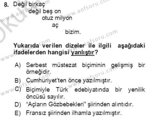 Cumhuriyet Dönemi Türk Şiiri Dersi 2022 - 2023 Yılı Yaz Okulu Sınavı 8. Soru