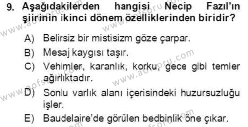 Cumhuriyet Dönemi Türk Şiiri Dersi 2022 - 2023 Yılı Yaz Okulu Sınavı 9. Soru