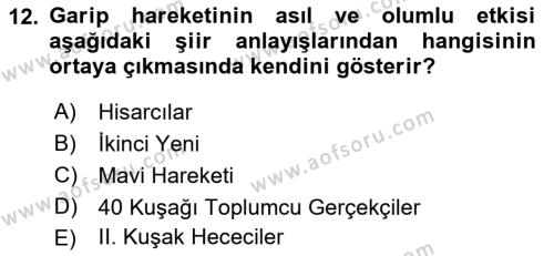 Cumhuriyet Dönemi Türk Şiiri Dersi 2023 - 2024 Yılı (Vize) Ara Sınavı 12. Soru