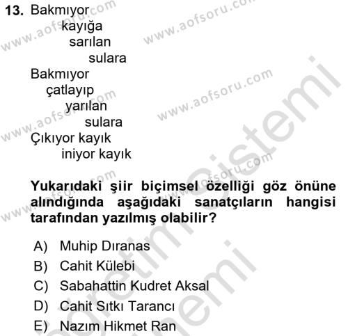 Cumhuriyet Dönemi Türk Şiiri Dersi 2023 - 2024 Yılı (Vize) Ara Sınavı 13. Soru