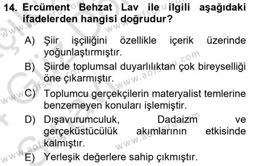 Cumhuriyet Dönemi Türk Şiiri Dersi 2023 - 2024 Yılı (Vize) Ara Sınavı 14. Soru