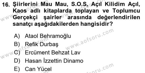 Cumhuriyet Dönemi Türk Şiiri Dersi 2023 - 2024 Yılı (Vize) Ara Sınavı 16. Soru