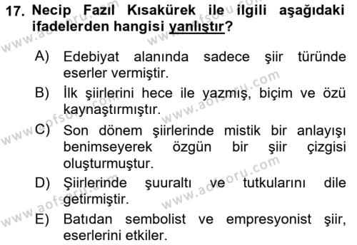 Cumhuriyet Dönemi Türk Şiiri Dersi 2023 - 2024 Yılı (Vize) Ara Sınavı 17. Soru