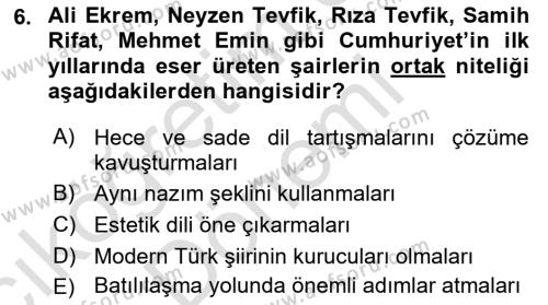 Cumhuriyet Dönemi Türk Şiiri Dersi 2023 - 2024 Yılı (Vize) Ara Sınavı 6. Soru