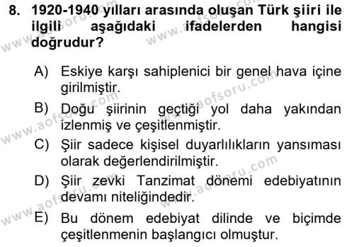 Cumhuriyet Dönemi Türk Şiiri Dersi 2023 - 2024 Yılı (Vize) Ara Sınavı 8. Soru