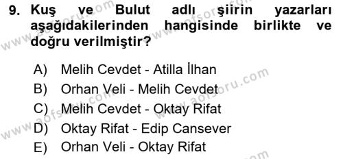 Cumhuriyet Dönemi Türk Şiiri Dersi 2023 - 2024 Yılı (Vize) Ara Sınavı 9. Soru