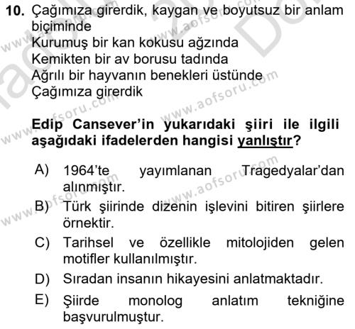 Cumhuriyet Dönemi Türk Şiiri Dersi 2023 - 2024 Yılı (Final) Dönem Sonu Sınavı 10. Soru