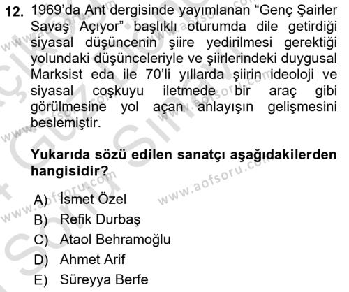 Cumhuriyet Dönemi Türk Şiiri Dersi 2023 - 2024 Yılı (Final) Dönem Sonu Sınavı 12. Soru