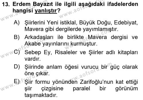 Cumhuriyet Dönemi Türk Şiiri Dersi 2023 - 2024 Yılı (Final) Dönem Sonu Sınavı 13. Soru