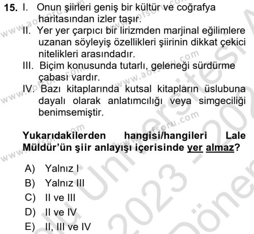 Cumhuriyet Dönemi Türk Şiiri Dersi 2023 - 2024 Yılı (Final) Dönem Sonu Sınavı 15. Soru