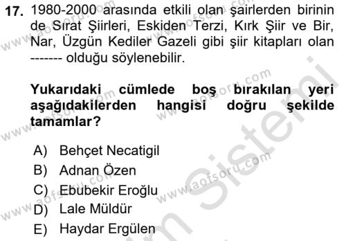 Cumhuriyet Dönemi Türk Şiiri Dersi 2023 - 2024 Yılı (Final) Dönem Sonu Sınavı 17. Soru