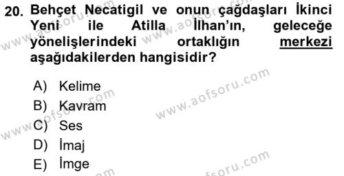 Cumhuriyet Dönemi Türk Şiiri Dersi 2023 - 2024 Yılı (Final) Dönem Sonu Sınavı 20. Soru