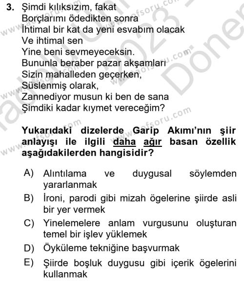 Cumhuriyet Dönemi Türk Şiiri Dersi 2023 - 2024 Yılı (Final) Dönem Sonu Sınavı 3. Soru