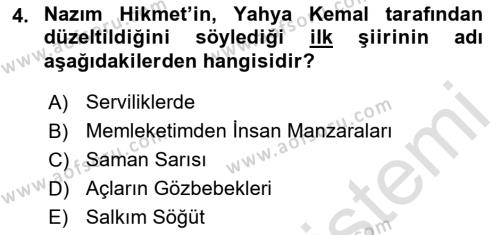 Cumhuriyet Dönemi Türk Şiiri Dersi 2023 - 2024 Yılı (Final) Dönem Sonu Sınavı 4. Soru