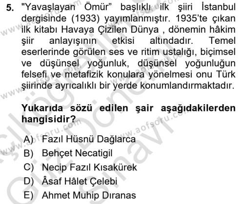 Cumhuriyet Dönemi Türk Şiiri Dersi 2023 - 2024 Yılı (Final) Dönem Sonu Sınavı 5. Soru