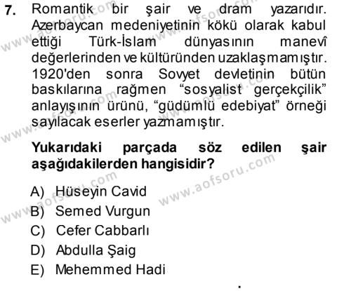 Çağdaş Türk Edebiyatları 1 Dersi 2013 - 2014 Yılı (Final) Dönem Sonu Sınavı 7. Soru