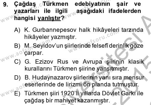 Çağdaş Türk Edebiyatları 1 Dersi 2014 - 2015 Yılı (Final) Dönem Sonu Sınavı 9. Soru