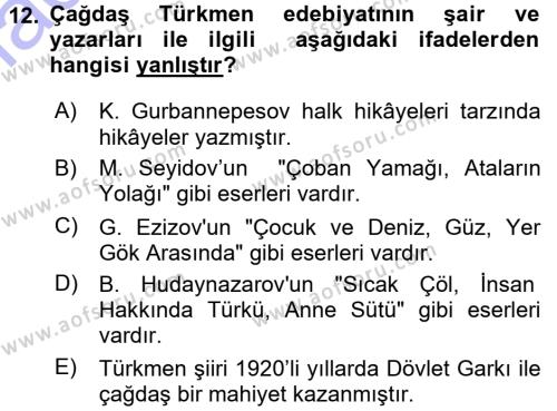 Çağdaş Türk Edebiyatları 1 Dersi 2015 - 2016 Yılı (Final) Dönem Sonu Sınavı 12. Soru