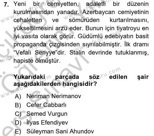 Çağdaş Türk Edebiyatları 1 Dersi 2016 - 2017 Yılı 3 Ders Sınavı 7. Soru