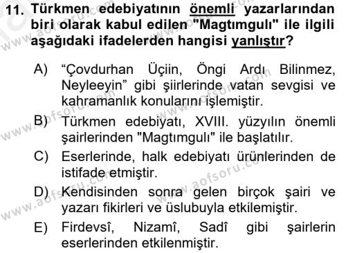 Çağdaş Türk Edebiyatları 1 Dersi 2016 - 2017 Yılı (Final) Dönem Sonu Sınavı 11. Soru
