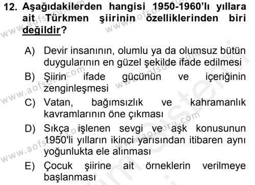Çağdaş Türk Edebiyatları 1 Dersi 2016 - 2017 Yılı (Final) Dönem Sonu Sınavı 12. Soru