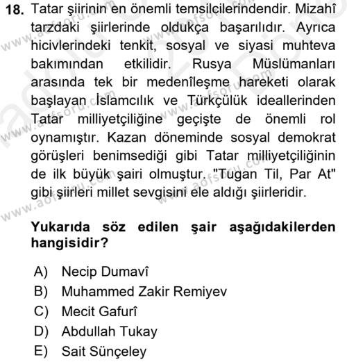 Çağdaş Türk Edebiyatları 1 Dersi 2016 - 2017 Yılı (Final) Dönem Sonu Sınavı 18. Soru