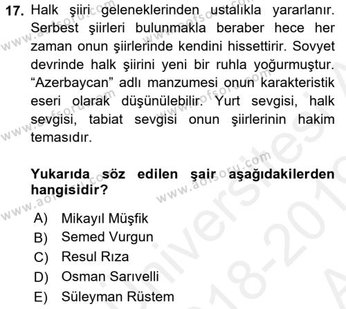 Çağdaş Türk Edebiyatları 1 Dersi 2018 - 2019 Yılı (Vize) Ara Sınavı 17. Soru