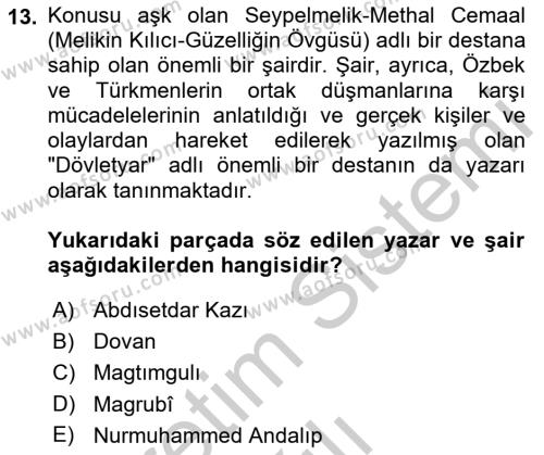 Çağdaş Türk Edebiyatları 1 Dersi 2018 - 2019 Yılı Yaz Okulu Sınavı 13. Soru