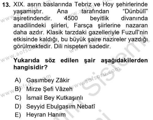 Çağdaş Türk Edebiyatları 1 Dersi 2024 - 2025 Yılı (Vize) Ara Sınavı 13. Soru