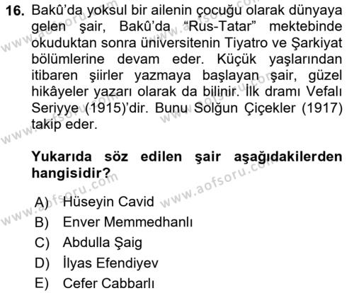 Çağdaş Türk Edebiyatları 1 Dersi 2024 - 2025 Yılı (Vize) Ara Sınavı 16. Soru