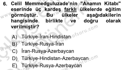 Çağdaş Türk Edebiyatları 1 Dersi 2024 - 2025 Yılı (Vize) Ara Sınavı 6. Soru