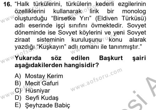 Çağdaş Türk Edebiyatları 2 Dersi 2012 - 2013 Yılı (Final) Dönem Sonu Sınavı 16. Soru